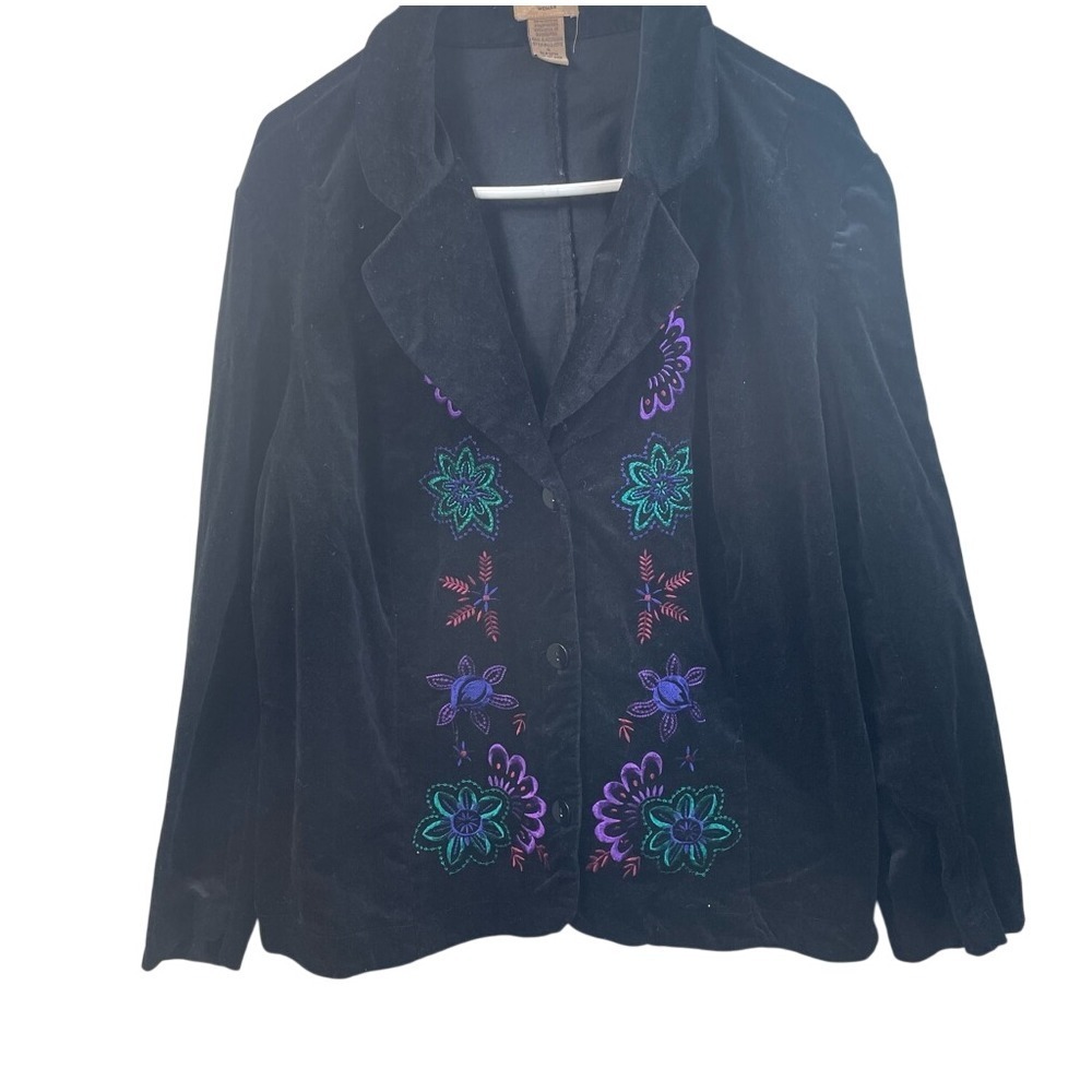 Choices Woman Y2K 2X‎ Black Soft Mircro Corduroy Embroidered Flowers Blazer
